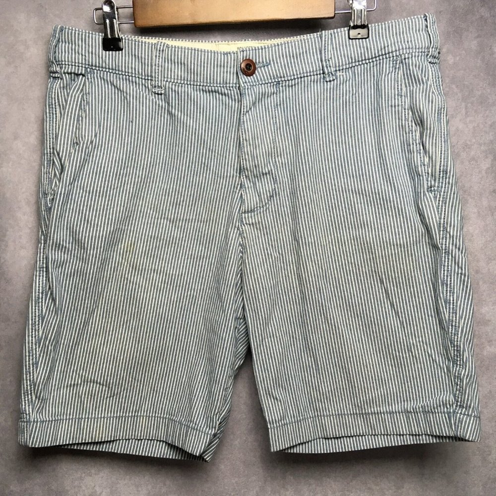 Hollister Mens Shorts sz 33 Blue White Striped Flat Front Pockets Stretch Fabric